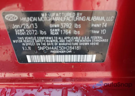 2013 Hyundai Elantra Gls z USA, uszkodzony, nr VIN 5NPDH4AE5DH284181